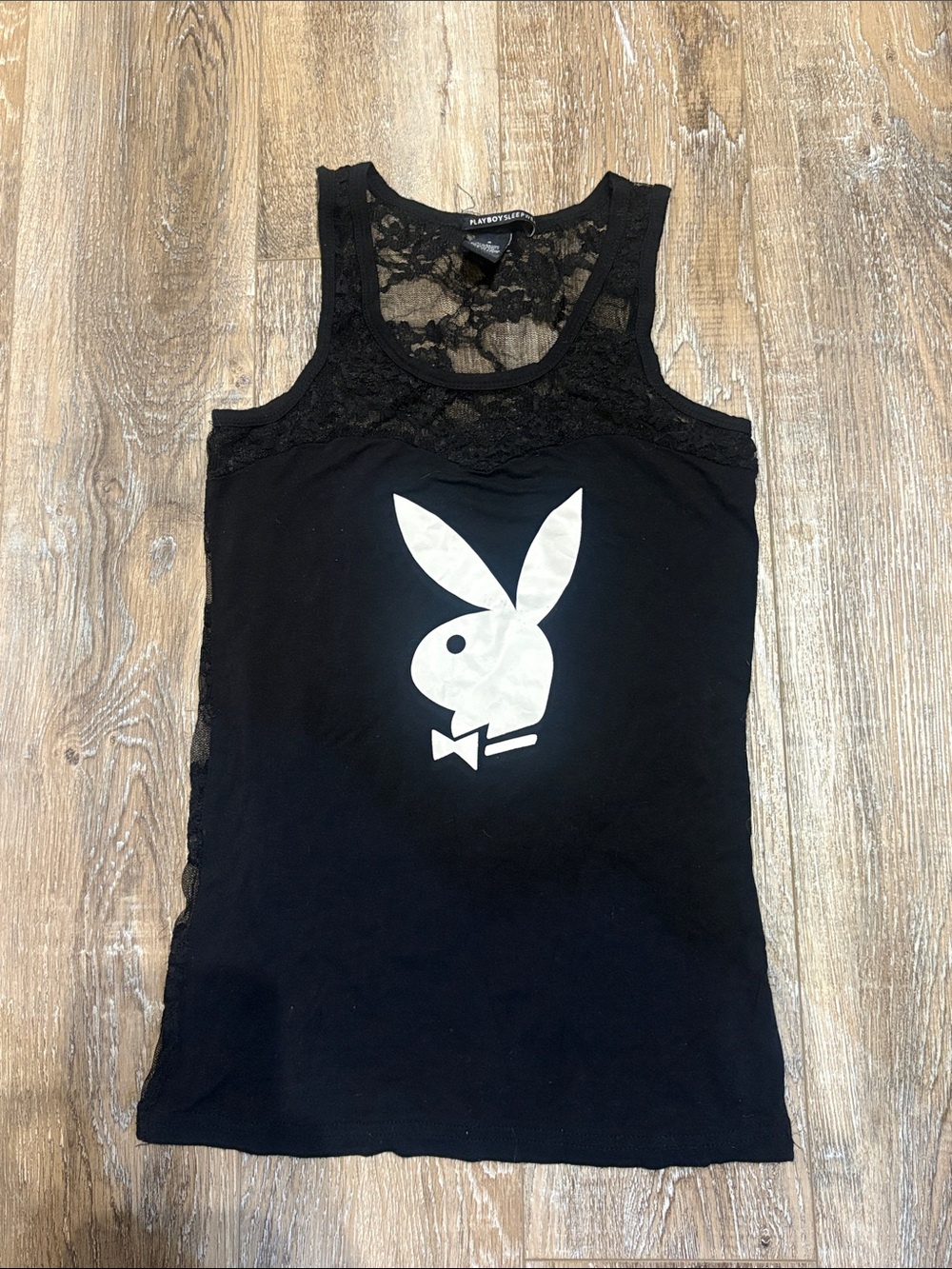 PLAYBOY Black Lace Yoke Tank with White Bunny Logo